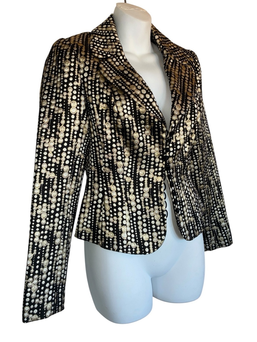 CARMAN MARC VALVO Blazer Women's 4, Black with cream & Metallic Gold Dots. EUC